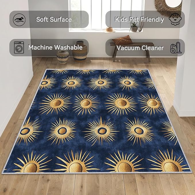 Sun Rug for Kids Room - Abstract Sun Rug, 2x3 Rug, Minimalist Boho Area Rug & Room Decor, Gold Navy Blue Carpet & Home Decor, Washable Non Slip Anti Skid Rugs