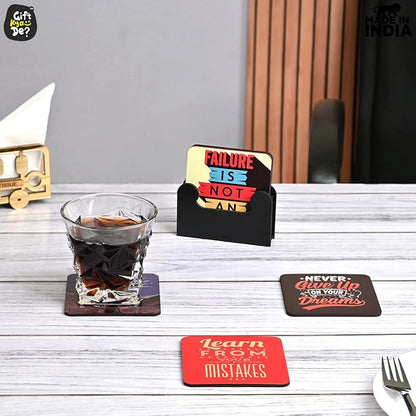 GKD Wooden Coasters for Drinks, Motivational MDF Wooden Coasters Set of 6 with Holder, 3.8 inches Eco-Friendly Absorbent Coaster for Coffee Table, Office, Bar, Drinking Glasses, Tabletop Protection