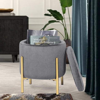 Adeco Upholstered Tufted Round Storage Ottomans, Grey Modern Velvet Footrest Ottomans with Storage for Couch