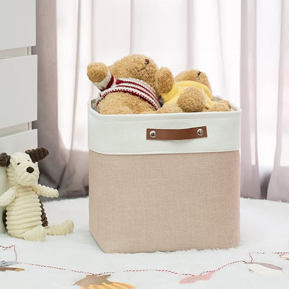 HNZIGE Cube Storage Baskets for Shelves Foldable Storage Baskets(3 Pack) Cube Storage Bin,13 Inch Storage Basket for Organizing with Leather Handles for Toys, Clothes, Kids, Closet (White&Beige)