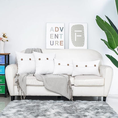 HWY 50 White Chenille Throw Pillow Covers 12x20 Inch with Triple Buttons, Soft Farmhouse Accent Decorative Cushion Cases for Couch Sofa Bed Living Room Pack of 2 Rectangle