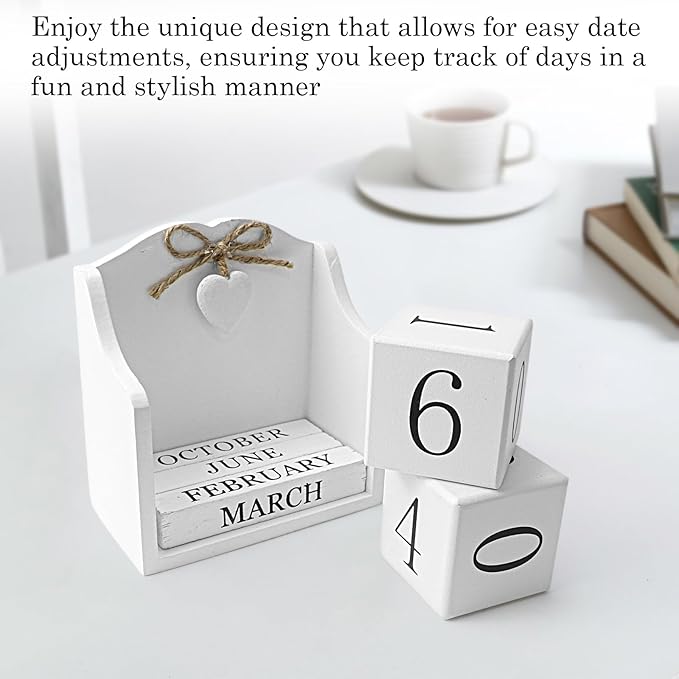 Rustic Wooden Desk Calendar - Adjustable Perpetual Cube (5.7x5.9in), White European-Style for Home Office Decor, Photography Prop