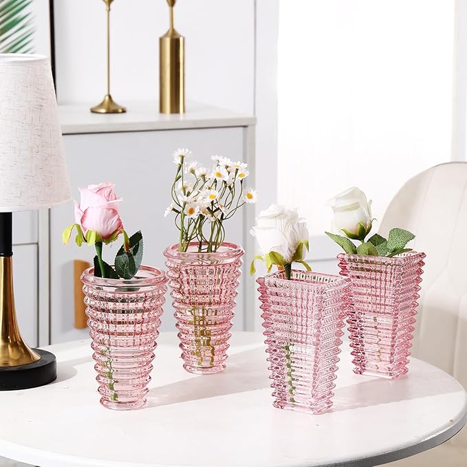 MCMCNCUIU Crystal Flower Vase Set of 4, Glass Vases for Centerpieces, Pink Vases for Flowers, Small Vase for Living Room, Bedroom, Kitchen, Office, Wedding