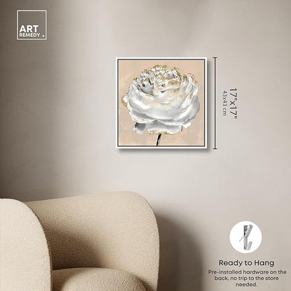 Art Remedy Beige Ranunculus Canvas Elegant White Gold Wall Art, White Frame, 16" x 16"
