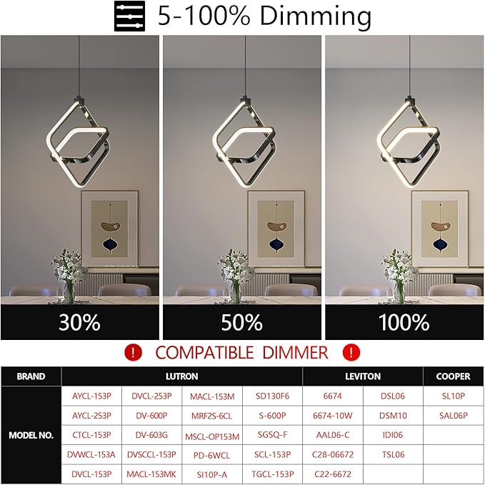 Modern LED Pendant Lights Plated Black Rectangular Pendant Light Fixtures 4000K 20W Dimmable Pendant Lighting for Dining Room Kitchen Island Bedroom Living Room Foyer（2-Pack）