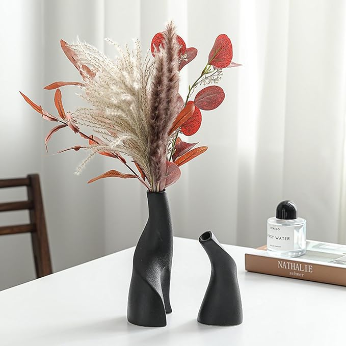 Irregular Circular Cross Ceramic Vase Set,Modern Minimalist Abstract Art Flower Vase for Home Decor,Decorative Small Bud Vase for Home Office Shelf Decor(Black)