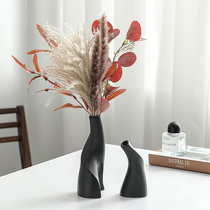 Irregular Circular Cross Ceramic Vase Set,Modern Minimalist Abstract Art Flower Vase for Home Decor,Decorative Small Bud Vase for Home Office Shelf Decor(Black)
