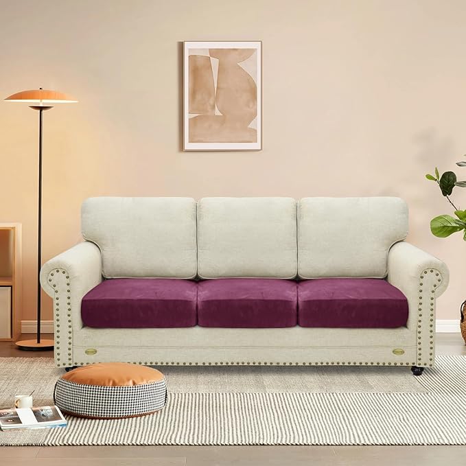 MAXIJIN Velvet Stretch Cushion Covers Fitted Couch Cushion Slipcovers Sofa Seat Cushion Covers for Individual Cushions with Elastic Bottom (3 Piece Sofa Seat Slipovers, Wine Red)
