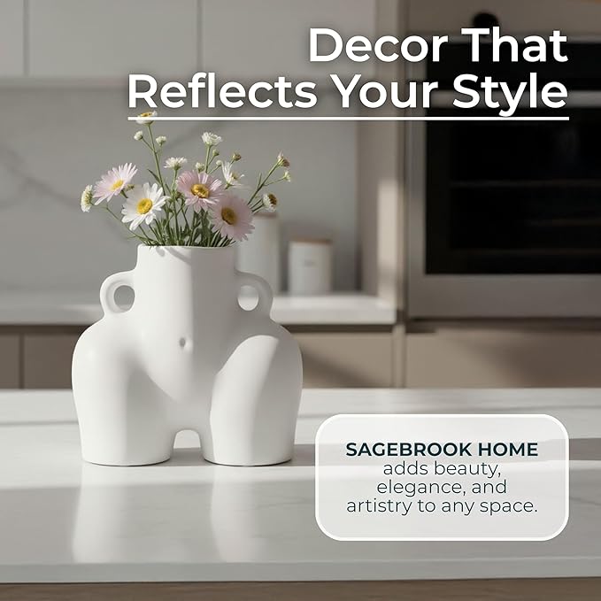 Sagebrook Home Modern Glam Decorative Vase - Unique Body Shape Design - Stoneware Ceramic - Stylish Home & Office Accent - Perfect for Living Room, Bedroom, or Desk - 6" White
