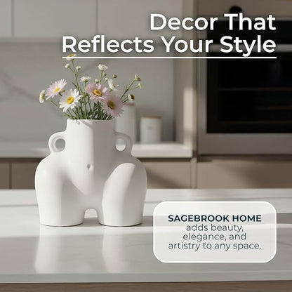 Sagebrook Home Modern Glam Decorative Vase - Unique Body Shape Design - Stoneware Ceramic - Stylish Home & Office Accent - Perfect for Living Room, Bedroom, or Desk - 6" White