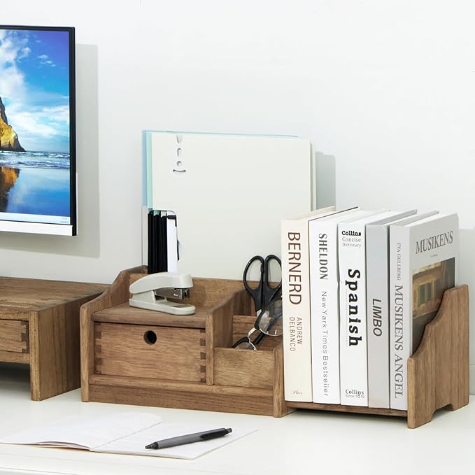 KIRIGEN Desktop Adjustable Organizer Storage Book Shelf with Drawer Wooden Desk Bookcase Workplace Storage Station Expandable Book Rack Fully Assembled SSSJ-S-DBR