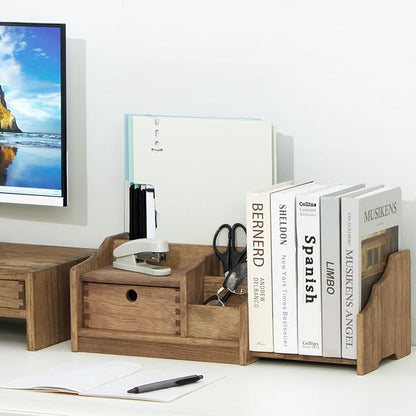 KIRIGEN Desktop Adjustable Organizer Storage Book Shelf with Drawer Wooden Desk Bookcase Workplace Storage Station Expandable Book Rack Fully Assembled SSSJ-S-DBR