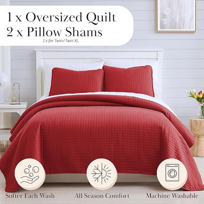 Southshore Fine Living, Inc. Red Quilt King Size Set with 2 Pillow Shams, Soft Microfiber Bedspread, Stain & Pet Hair Resistant Bedding, Cal/King Quilt Set with 2 Pillow Shams, Chili Pepper Red