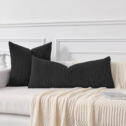 Kevin Textile 14x36 Inch Long Lumbar 1 Pack Boho Decorative Throw Pillow Cover Soft Striped Corduroy Rectangle Cushion Case Farmhouse Accent for Living Room Couch Sofa Bed, Black