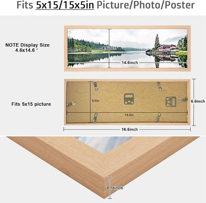 5x15 Frame Natural Woodgrain,Rustic 15x5 Picture Frame Beige, Art Pic Hanging Poster Frame, 5 by 15 Gallery Family Concert Portrait Photo Frame Horizontal Vertical Display Gift