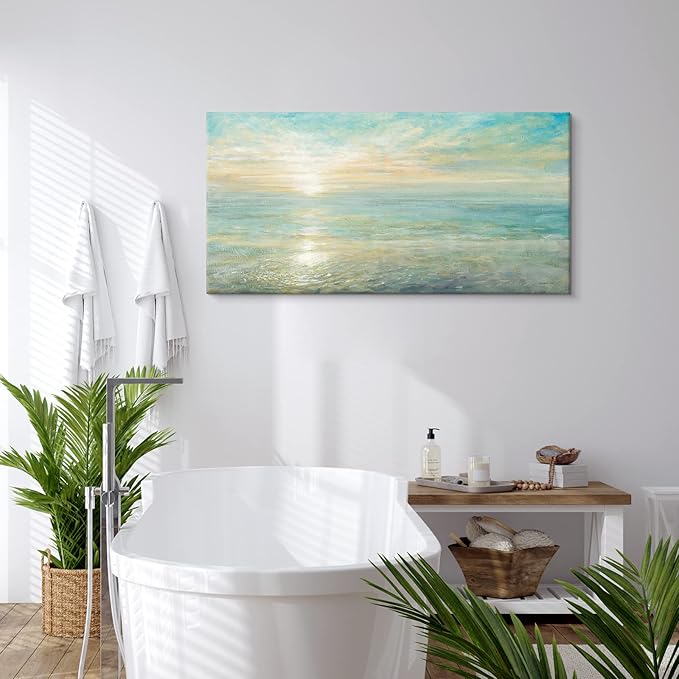 Goldfoilart Beach Sunrise Pictures Ocean Wall Art Coastal Canvas Prints Sea Waves Poster Paintings for Living Dining Room Bedroom Bathroom Framed Artwork Decorations Home Decor 20"x40"
