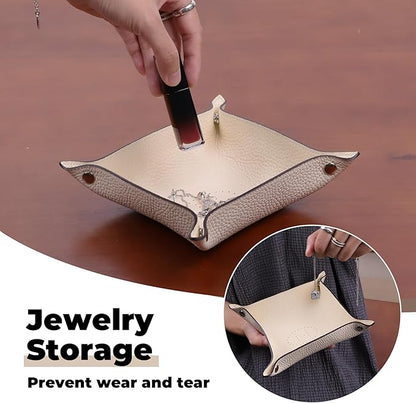 Genuine Cowhide Leather Desktop Storage Organizer - Bedside Vanity Tray with Phone, Wallet, Coin, Jewelry Holder