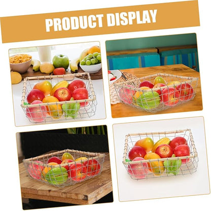 Happyyami Iron Woven Storage Basket Kitchen Living Room Organizer Sturdy Fruit Bowl for Fruits Bread Snacks Easy to Clean Small Square
