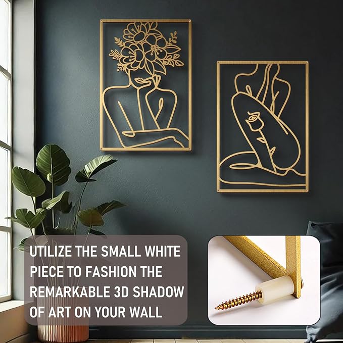 Bakovity Gold Metal Wall Art, Abstract Flower Line Sculpture, Gold Minimalist Modern Wall Decor for Living Room, Bedroom, Bathroom (4 Pieces, 22.5 x 15.7 Inches)