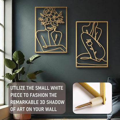 Bakovity Gold Metal Wall Art, Abstract Flower Line Sculpture, Gold Minimalist Modern Wall Decor for Living Room, Bedroom, Bathroom (4 Pieces, 22.5 x 15.7 Inches)