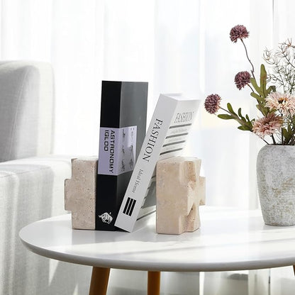 Natural Marble Square Book Ends, Heavy Duty Bookends for Shelves, Non-Skid Stone Book Holders, Unique Modern Aesthetic Office Bookshelf Decor for Books/CDs(Travertino Turkey)