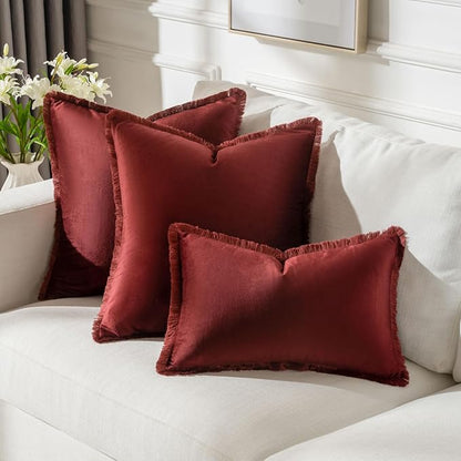 FUTEI Burgundy Velvet Decorative Throw Pillow Covers 24x24 Set of 2,Soft Cozy Edge with Tassels European Cushion Case,Boho Modern Home Decor for Couch Bed Living Room