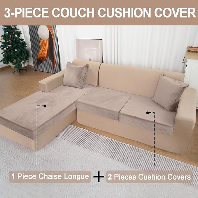 Sectional Couch Covers for 3-Piece Seat Cushion Velvet Separate L Shape Couch Cover Stretch Sofa Slipcover with 2 Pieces Pillowcases Furniture Protector (Sofa 2 Seater + 1 Chaise, Tan)