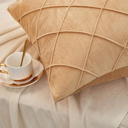 JAUXIO Diamond Pinch Pleated Crystal Velvet Pillowcases 2 Pack Solid Pintuck Throw Cushion Cover for Home Decor Hidden Zipper Closure (Camel, Standard)