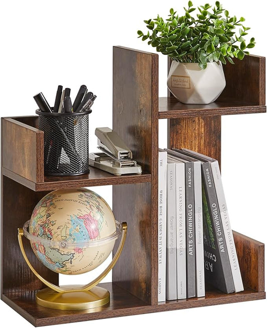 Book Display Shelf Small Desk Organizer, Desk Top Storage Organizer, Cookbook Storage Kitchen Counter Shelf, Tabletop Plant Shelf Stand Rustic Brown YD-DSR002H