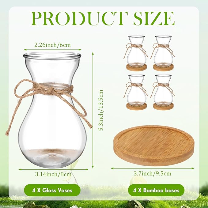 Bulb Glass Vases for Flowers Forcing Hyacinth Clear Decorative Bulb Vase with Round Bamboo Coaster for Home Office Table Decoration(4 Pcs)