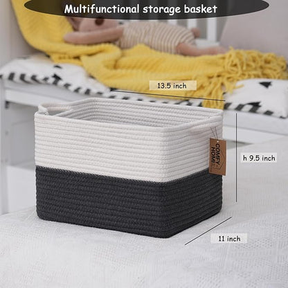 COMFY-HOMI 3PACK Cotton Rope Square Basket with Handles for Shelves| Storage|Baby Basket for Gif|Shoe basket for Organizing|New13.5" x 11" x 9.5" for Living Room（White/Dark Grey）