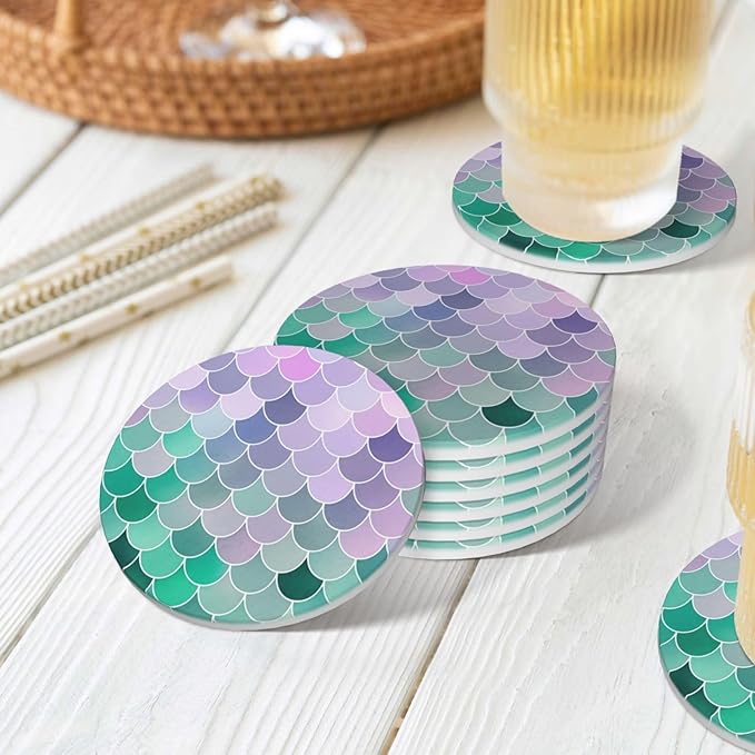 6 Pcs Ceramic Coasters with Holder Absorbent Drink Round Teal Pink Mermaid Fish Scales Design for Home Table Coffee Cup Wine Beer Bar,Size 4.4 inches