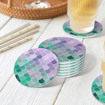 6 Pcs Ceramic Coasters with Holder Absorbent Drink Round Teal Pink Mermaid Fish Scales Design for Home Table Coffee Cup Wine Beer Bar,Size 4.4 inches
