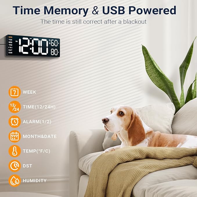 10" Digital Wall Clock: Dual Alarm Wall Mount Decor Clock for Living Room Classroom Office Desk, House Warming Gifts New Home Decor, Christmas Gift for Mom Dad Seniors Teen White