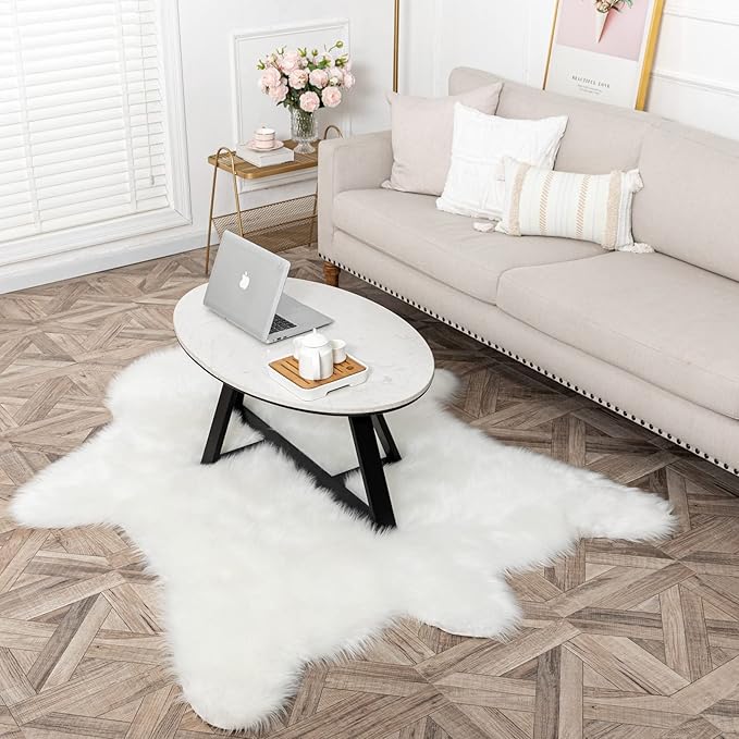 Faux White Bear Rug Faux Cowhide Carpet Animal Print Area Rug Faux Sheepskin Fur Rug Decor for Living Room 5.1x6.1 Feet White