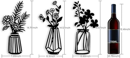 3 Pieces Black Metal Flowers Wall Decor Vase Art Sculptures Hanging for Indoor Kitchen Bathroom Dining Room Patio, 14.56x7.48 Inches