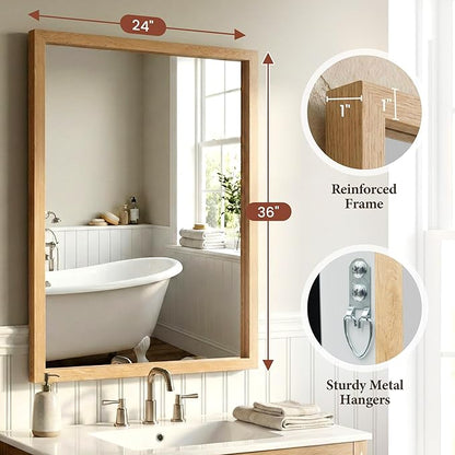 24" x 36" Natural Wood Tone Wall Mirror for Entryway & Bath, Waterproof Boho Decor Mirror, Scandi Oak Texture Vanity Mirror for Over Sink, Standard Trim