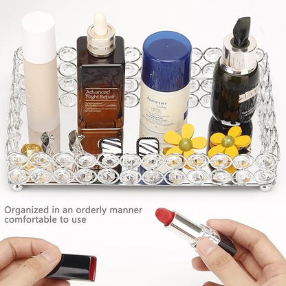 Elegant Silver Crystal Mirror Perfume Tray for Vanity, Coffee Table, and Home Decor - Small Glass Tray for Jewelry, Perfume, and Decorative Items - Bandeja para Perfumes, Perfume Trays for Dresser