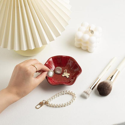 Ceramic Ring Dish, Jewelry Dish Holder, Small Trinket Tray Plate for Earrings Rings Necklaces Keys, Gift for Mom Friend Sister on Birthday Mother's Day Christmas (Red Surface)