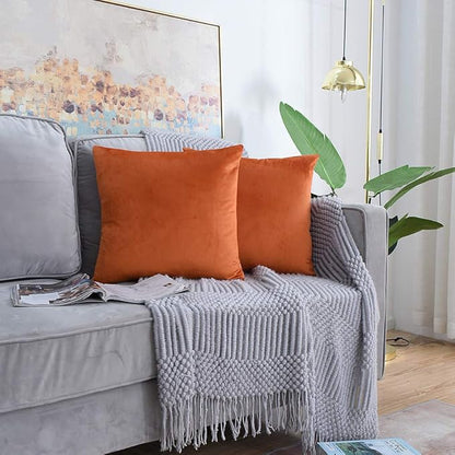 Set of 2 Comfortable Velvet Throw Pillow Cases Decorative Solid Cushion Covers for Sofa Couch and Bed - 20"x20", Bold Orange