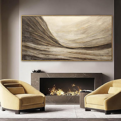 Textured Abstract Wall Decor with Frame Grey and Brown Canvas Art Gold Accents Modern Large Artwork for Bedroom Living Room 29x58 Inch