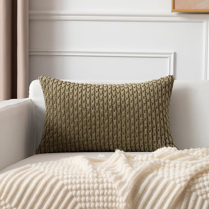 Kevin Textile Pack of 2 Corduroy Decorative Throw Pillow Covers 12x20 Inch Soft Boho Striped Pillow Covers Modern Farmhouse Home Decor for Sofa Living Room Couch Bed Olive Green