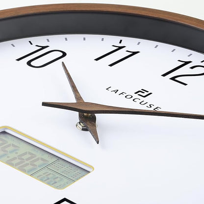 Lafocuse 12 Inch Silent Brown Wall Clock with Time Day Date Temperature, Battery Operated Wall Clock Analog and Digital with Calendar for Kitchen Living Room Home Décor