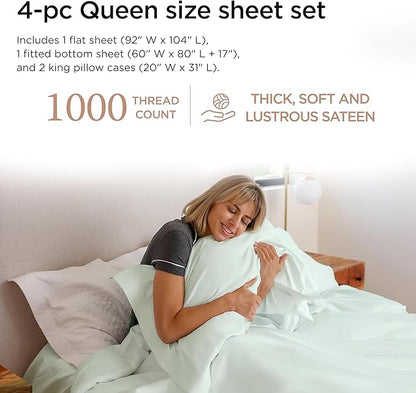 Threadmill Supima Cotton Queen Sheet Set, 1000 Thread Count Queen Sheets for Queen Mattresses, 4 Piece American Luxury Bed Sheets, Sateen Hotel Quality Sheets with Elasticized Deep Pocket, Seaglass
