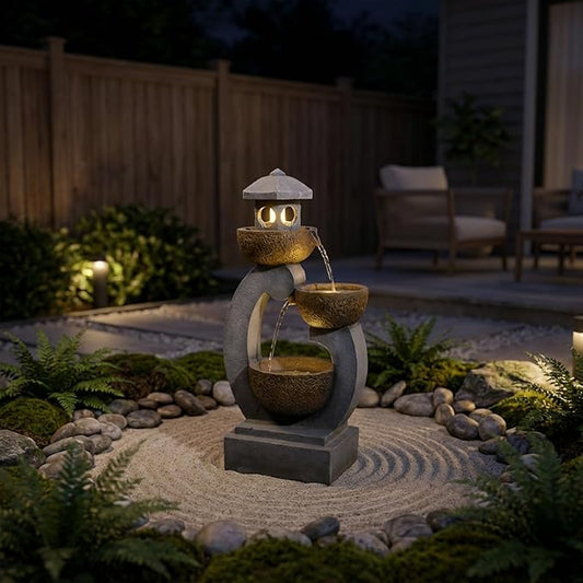 35.24”H Zen Outdoor Water Fountain Garden, Japanese Lantern Multi-Tier Waterfall Fountain Water Feature with Lights for Patio, Garden & Porch