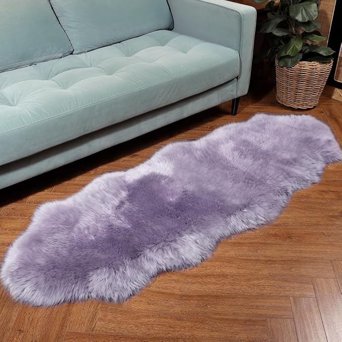 Premium Genuine Fur Sheepskin Rug Real Australia Sheepskin Natural Luxury Fluffy Lambskin Fur Area Rug Seat Covers for Kids Bedroom Sofa Chair Cover (Light Purple, Double Pelt/2ft x 6ft)