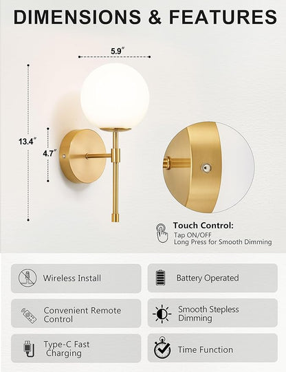 Battery Operated Globe Wall Sconces Set of 2, Brushed Gold Wireless Wall Lights with Remote Control, Rechargeable 3 Color Stepless Dimming Modern Wall Decor Lamp for Bedroom Living Room Hallway