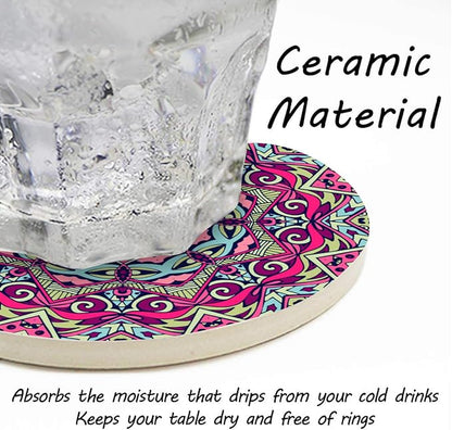 Coasters Set of 6 Mandala Pattern Ceramic Drink Coaster with Cork Base Modern Style Coasters for Mugs and Cups Office Kitchen 4 in