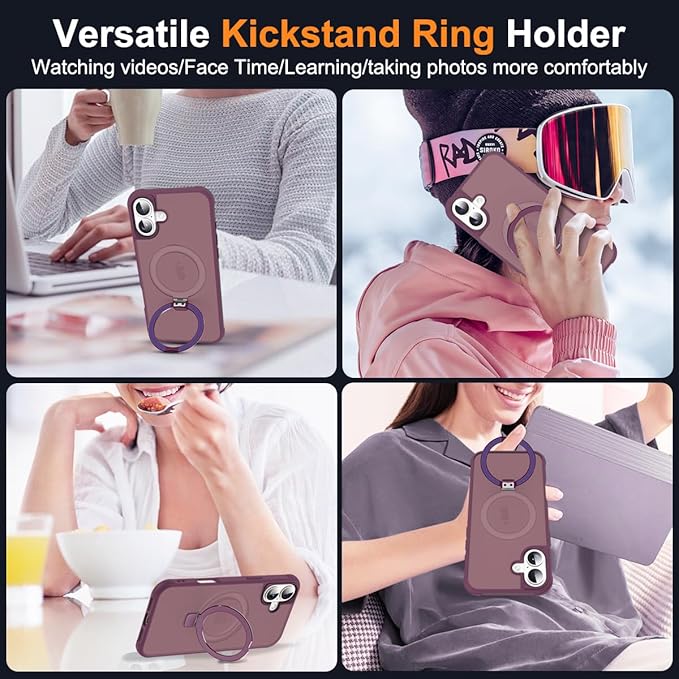 Compatible with iPhone 16 Plus Case with Invisible Magnetic O-Ring Stand Military-Grade Translucent Case for iPhone 16 Plus 6.7" [Compatible with Mag-Safe][Great Grip Feeling], Wine Red