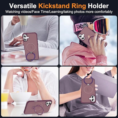 Compatible with iPhone 16 Plus Case with Invisible Magnetic O-Ring Stand Military-Grade Translucent Case for iPhone 16 Plus 6.7" [Compatible with Mag-Safe][Great Grip Feeling], Wine Red